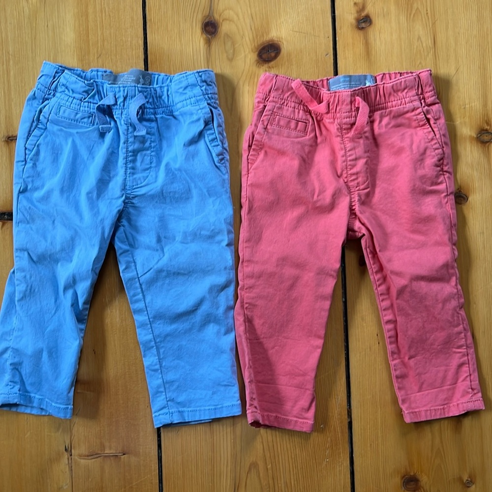 Primary toddler/baby cotton pants set of two in blue and coral. 6-12 months.